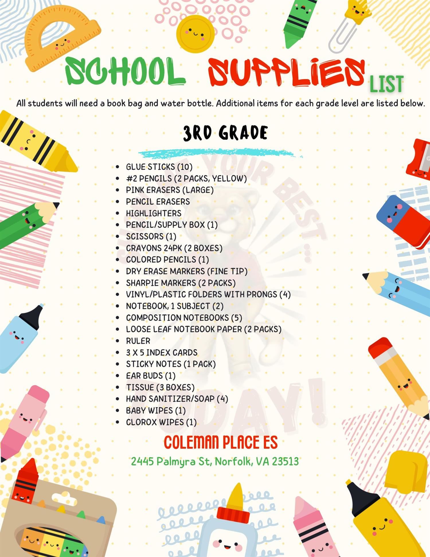 3rd Grade Supply List